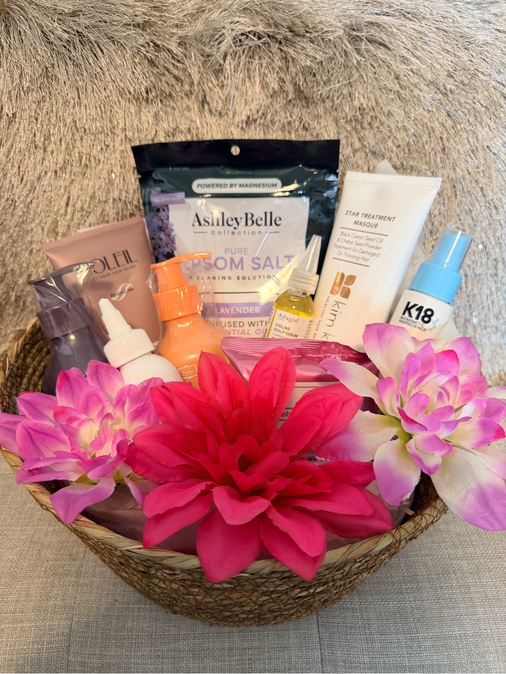 Beauty Gift Basket with Bath Salts, Treatments & Hair Care - Pink Accents